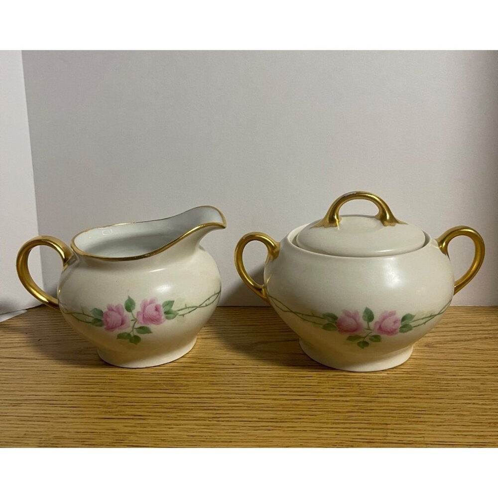 Zeh Scherzert & Co Bavarian Creamer Sugar Bowl Hand Painted Pink Rose 1880-1918